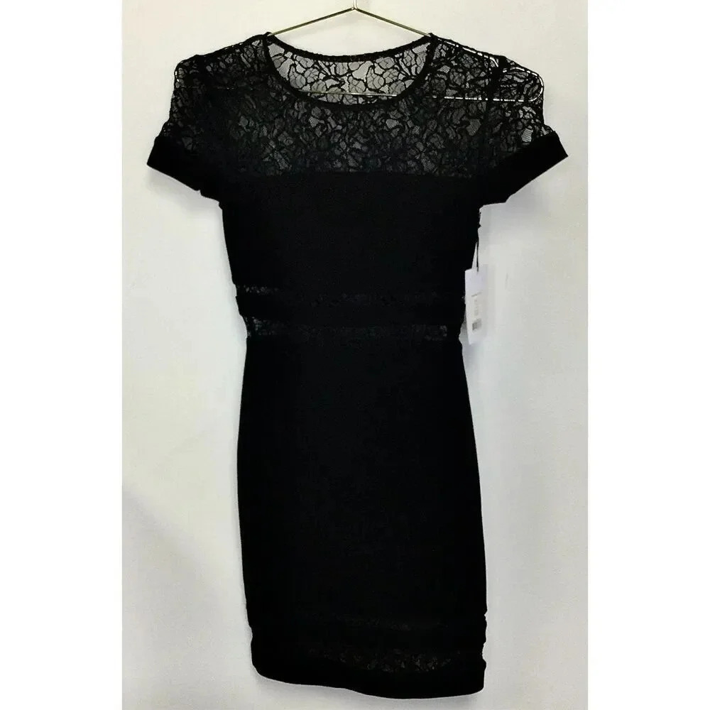 NWT Bailey 44 Womens Black Lace Trim Short Sleeve Blossomed Mini Dress Size XS